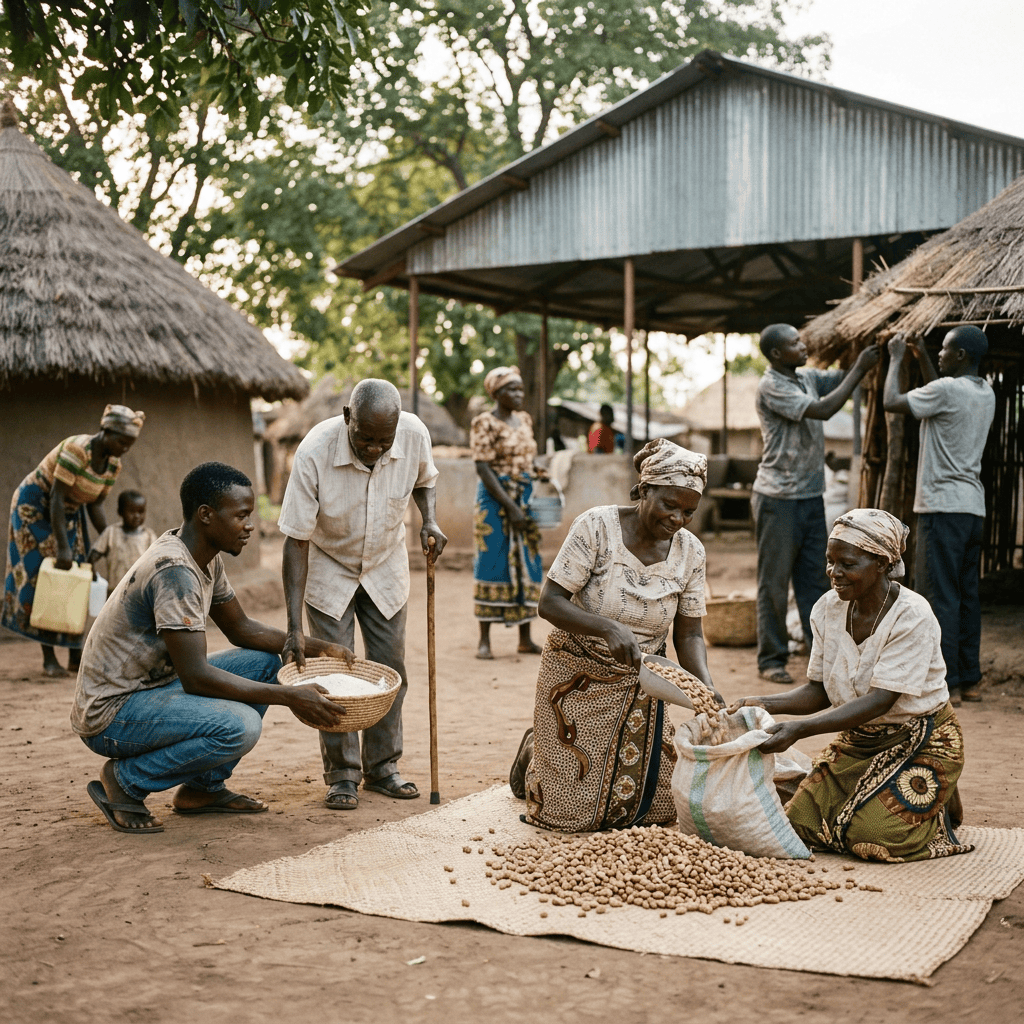 Villagers sorting harvested beans in a rural village courtyard
