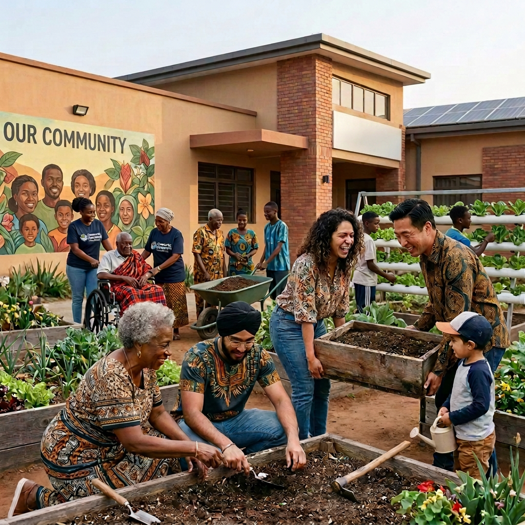 Neighbors gardening outside a Community Center beneath an Our Community, All Are Welcome mural