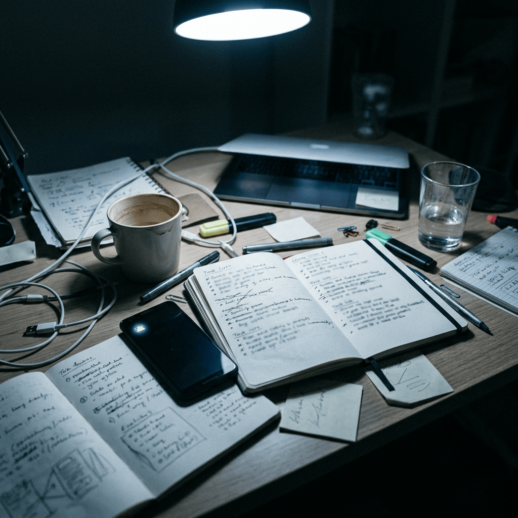 Desk with handwritten notebooks, laptop, coffee cup, smartphone, and stationery