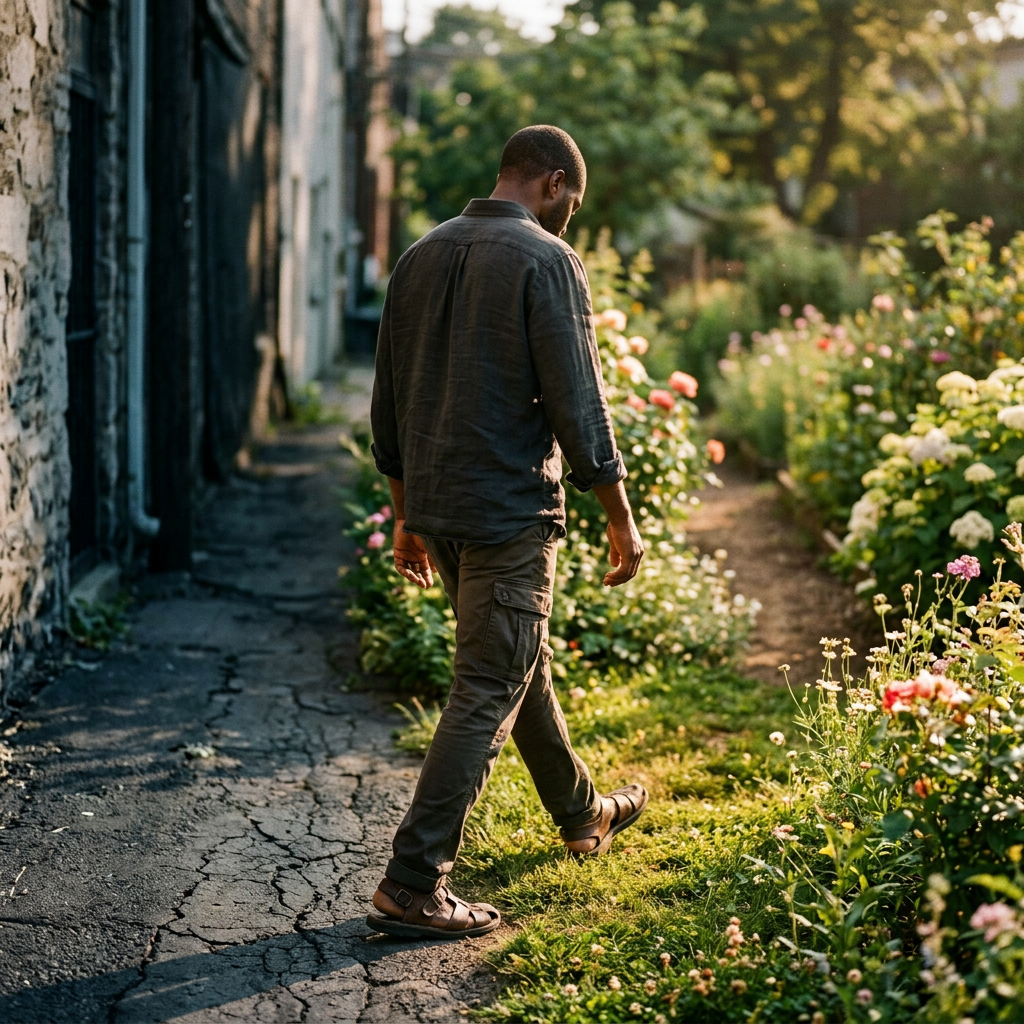 Man walking beside a flower-filled garden along a cracked urban path