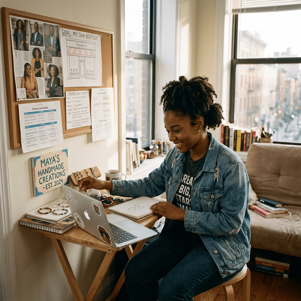 Woman making handmade jewelry beside laptop and business planning board